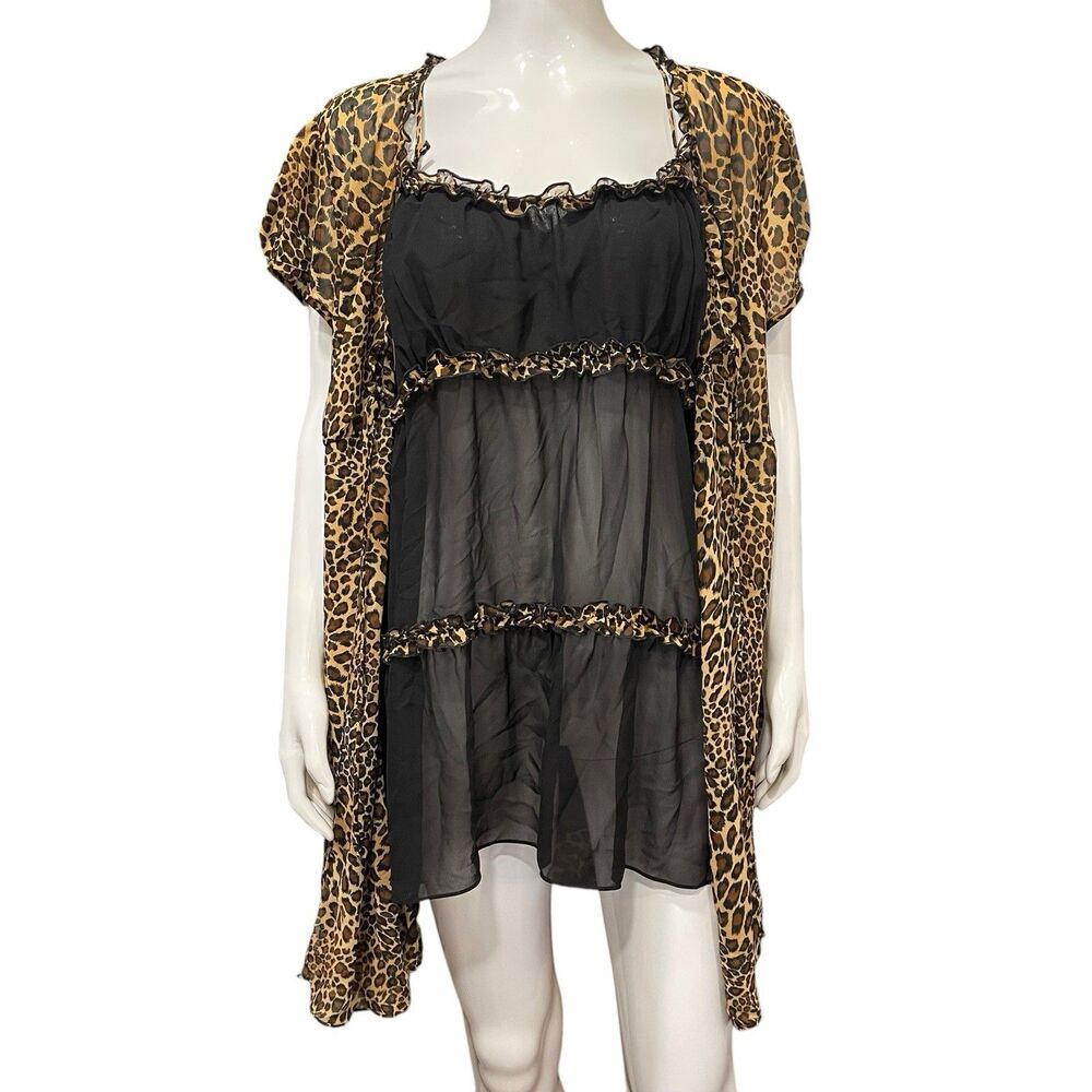 Belle Nuit Intimates Black Lace Animal Print Set Sheer Babydoll Gown Robe Sz 1X